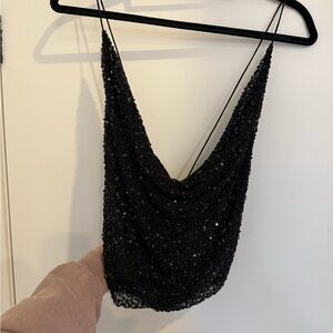 Black Sequin Cowl Neck Top - retrofette